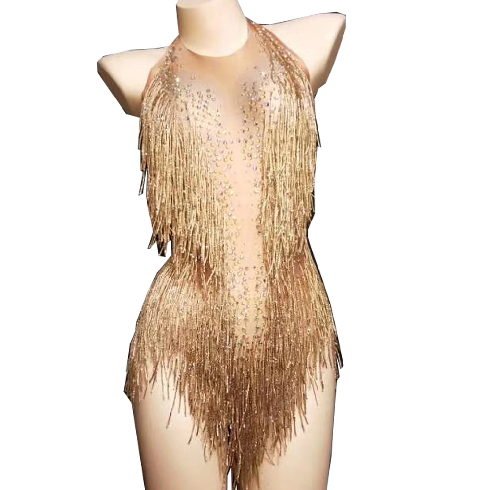 

Sparkly Rhinestones Shining Fringes Women Bodysuits Evening Prom Performance Costumes Nightclub Singer Dance Leotard Costumes