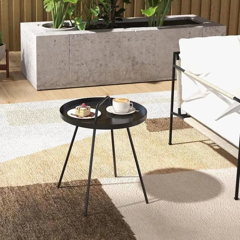 Outdoor Coffee Table with Handle,17 inch Steel Round Side Table