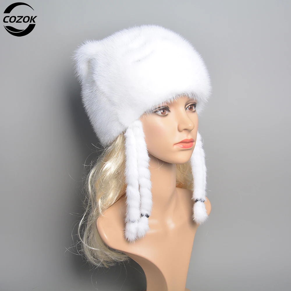 

women's Winter mink fur hat Real natural Whole fur Fashion Warm cat ears tail cute Russia Ladies fur hats