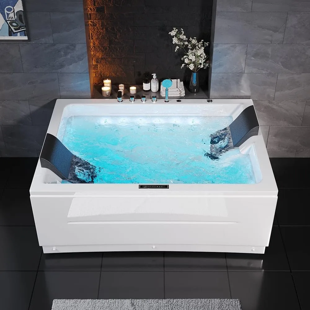 Whirlpool Bathtub, Jetted Bathtub 71" Massage Whirlpool Tub with 18 Water Jets+20 Air Jets, 3 Sided Apron White LED Jet Tub 6