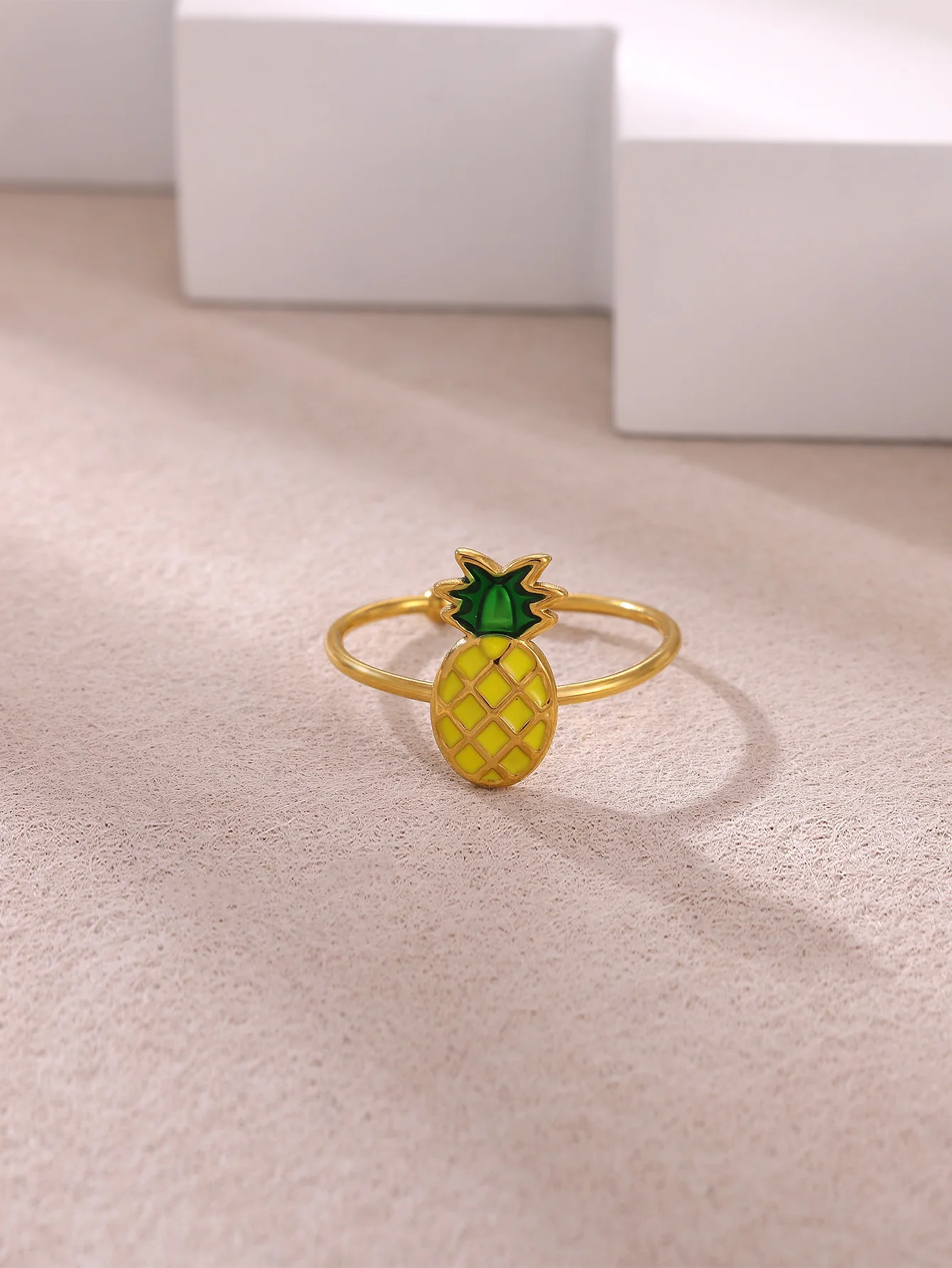 Pineapple Enamel Rings Women Gold Color Stainless Steel Adjustable Finger Ring