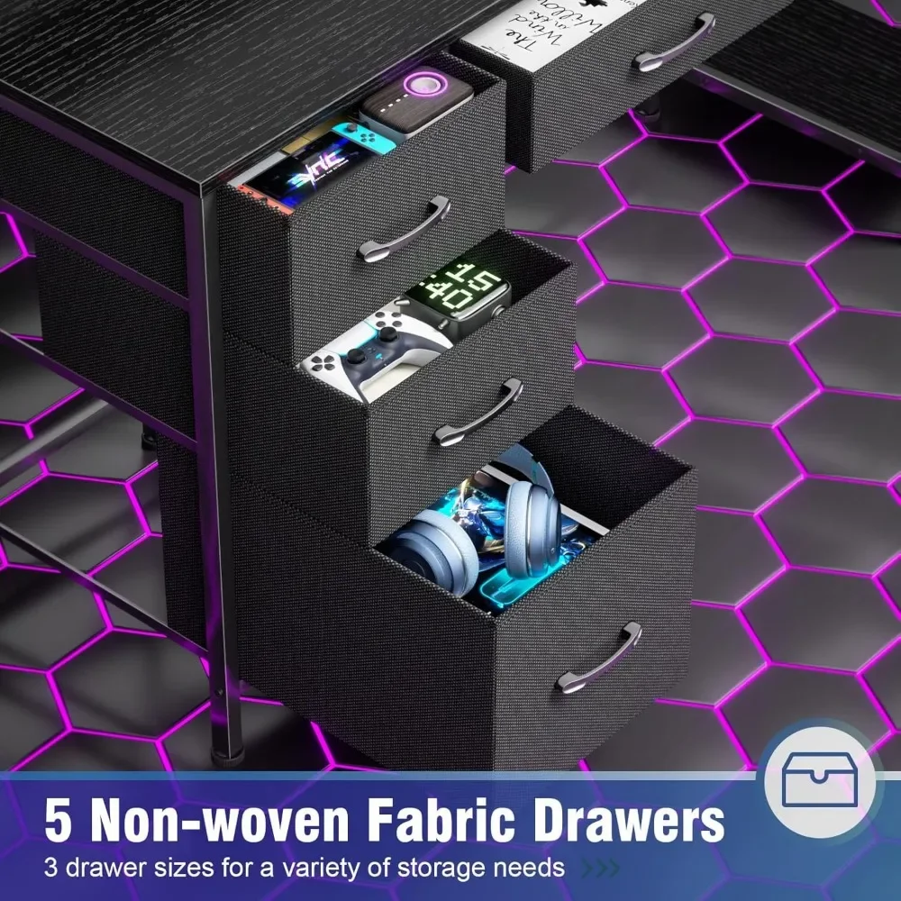 New2025-Computer Gaming Desk with Hutch, Home Office Desk with Power Outlets, LED Light, 5 Storage Drawers, 2 Tiers Shelves for