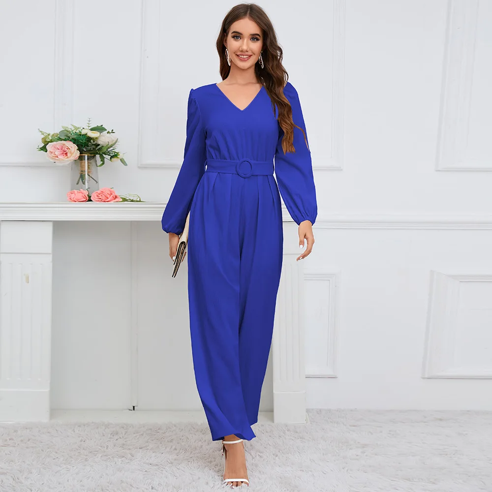 European and American Foreign Trade Casual Solid Color V-neck Long Sleeved Slim Fitting Temperament Straight Tube Long Pants