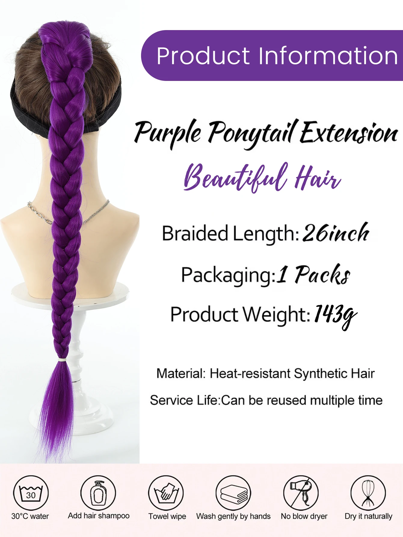 Purple Braided Synthetic Hair Ponytail for Kids Girls