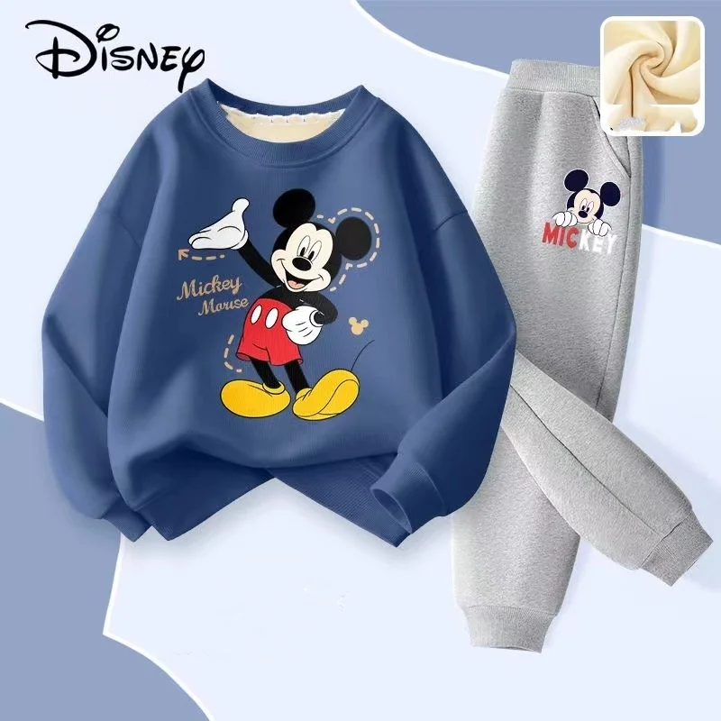 Winter Baby Girl Clothes Set Kid Boy Disney Mickey Sweatshirts Pullover & Pants 2pcs Suit Children Long Sleeve Plush Warm Suit 4