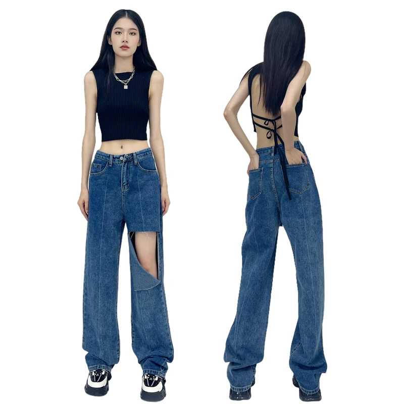 XS-XXL Hip Hop Ripped Jeans Women Fashion High Waist Vintage Streetwear Hole Straight Denim Pants Wide Leg Casual Trousers Baggy
