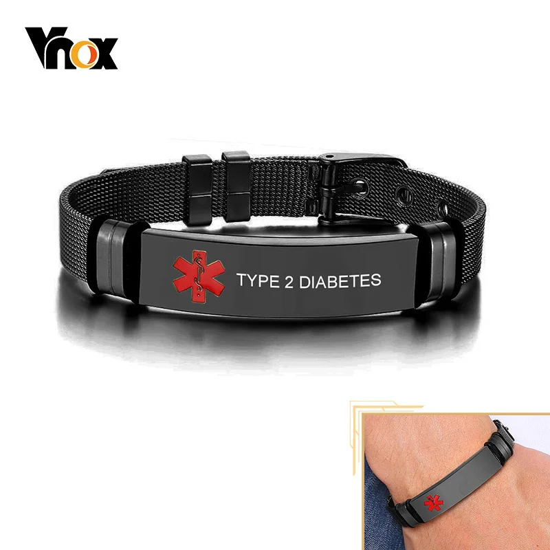 Vnox Personalized Engrave Medical Alert ID Bracelets for Men, Black Stainless Steel Male Wristband Jewelry, Length Adjustable vnox customize engrave id bar bracelet for men stainless steel classic simple personalize name info male jewelry gift