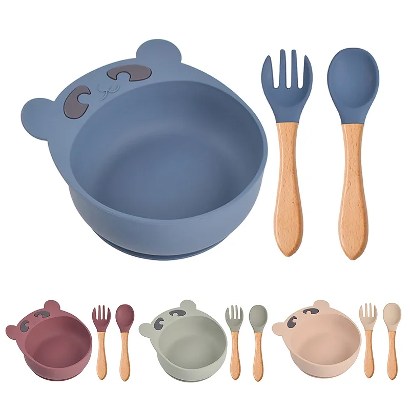 

Children's Silicone Bowl Spoon And Fork Set Baby Cartoon Bear Suction Cup Anti-drop Complementary Food Bowl Kids Plate Dishes