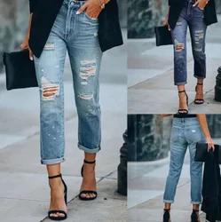2021 primavera e verão casual rua hipster europeu e americano moda reta perna calças jeans rasgados das mulheres