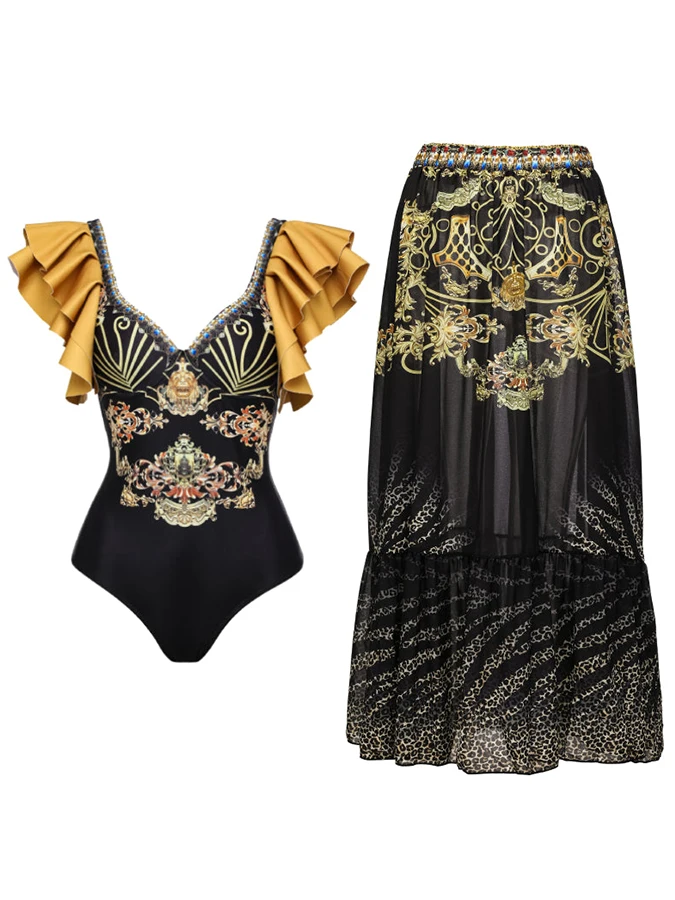 

V Neck Beachwear 2023 Fashion Women Swimwear Summer Female Floral Print One Piece Swimsuit and Skirt Bathing Suits Sexy / New