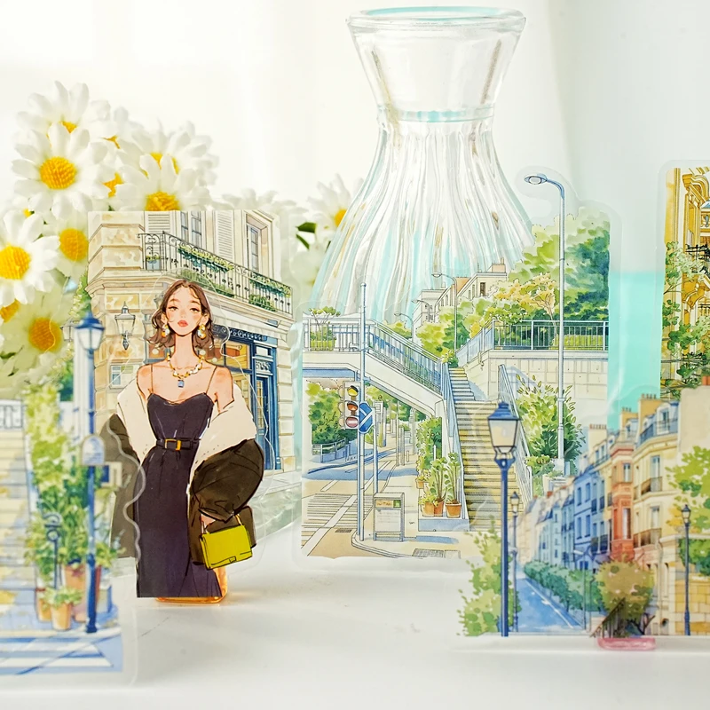 Mr.Paper 4팩 PET 스티커, 미적 도시 풍경 디오라마 스티커, 저널 스크랩북킹 DIY 커피컵 휴대폰 케이스용
