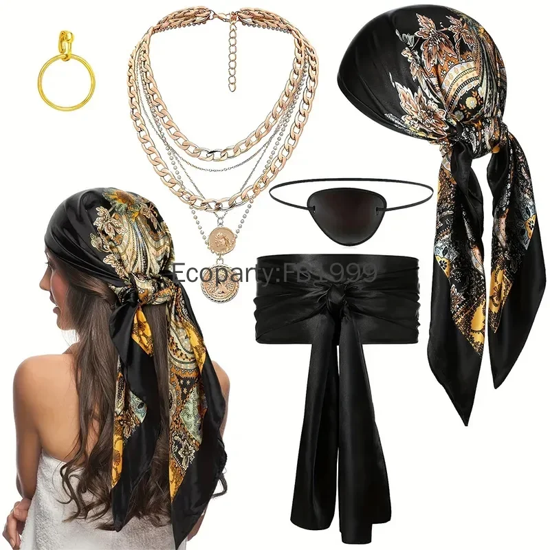 Piraten Accessoires Set Für Damen & Herren - Kopftuch, Augenklappe, Gürtel, Schmuck Für Karneval & Halloween