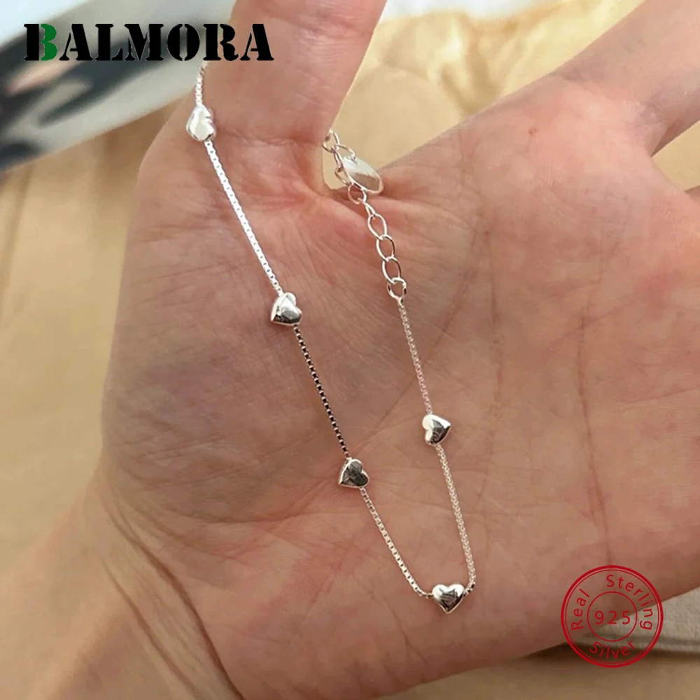 

BALMORA S925 Sterling Glossy Silver Simple Vintage Elegant Fashion Love Heart Bracelet For Women Girl Birthday Jewelry Gift