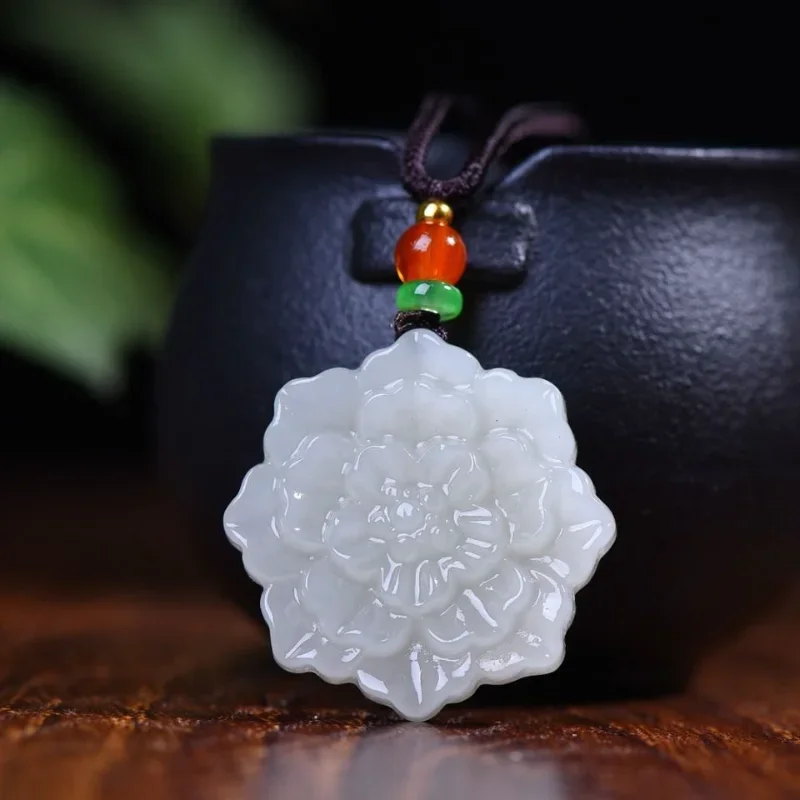 

Natural White Hetian Jade Stone Flower Pendant Necklace Carved Chinese Jadeite Jewelry Charm Reiki Amulet Gifts Women Men