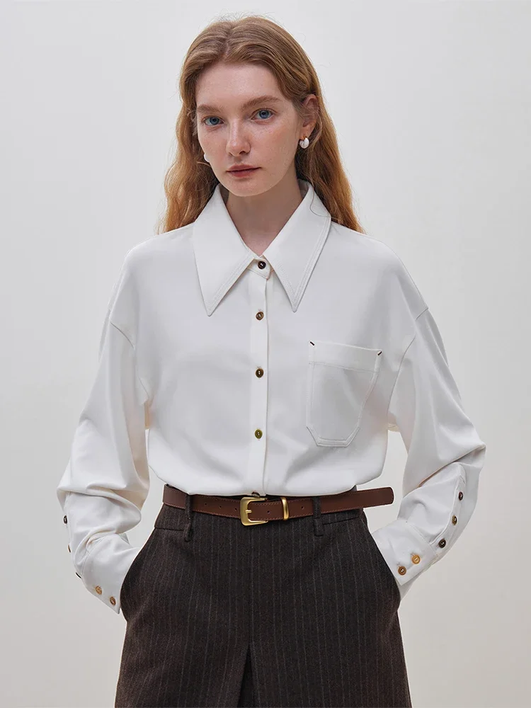 FSLE Women White Blouses Winter New Thick Long Sleeve Shirts Polo Neck Drop Sleeve Slightly Strech Office Lady Blouse 24FS14410