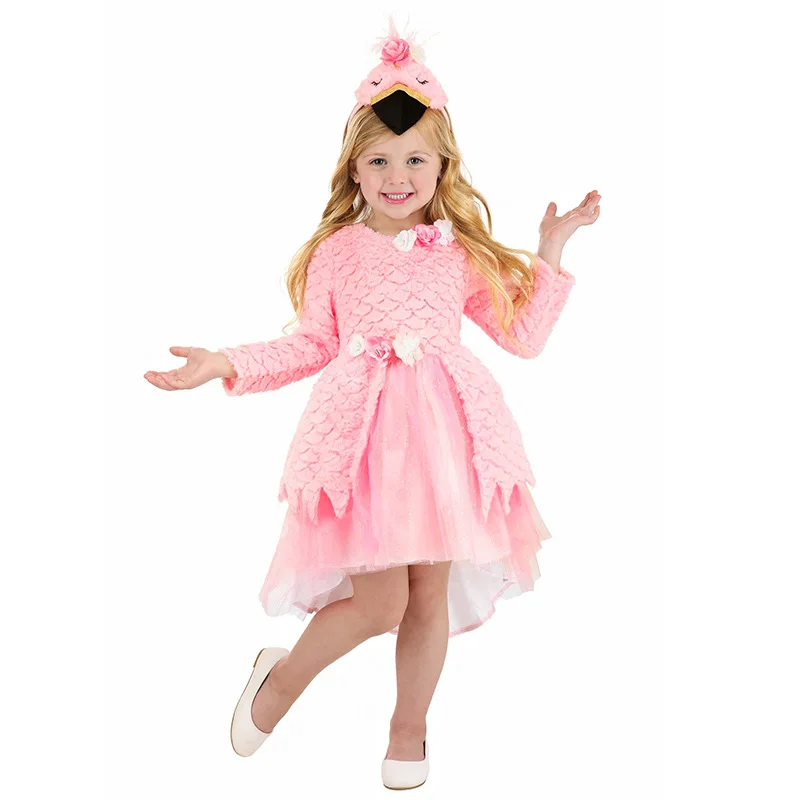 

New Kids Cosplay Girls Pink Flamingo Outfit Princess Dress Birthday Party Dresses Children Flamingo Vestidos Animal Costume Gift