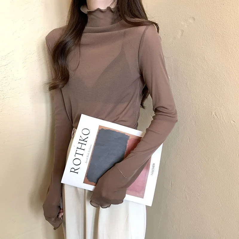 Sexy Women T Shirt See Through Transparent Mesh Tops Long Sleeve Autumn Ladies Solid Turtleneck Silk T-Shirt Lace Crop Top