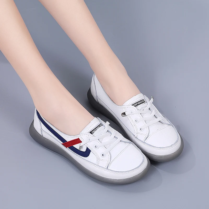 Women Shallow Mouth Leather Elastic Flat Casual Shoes
