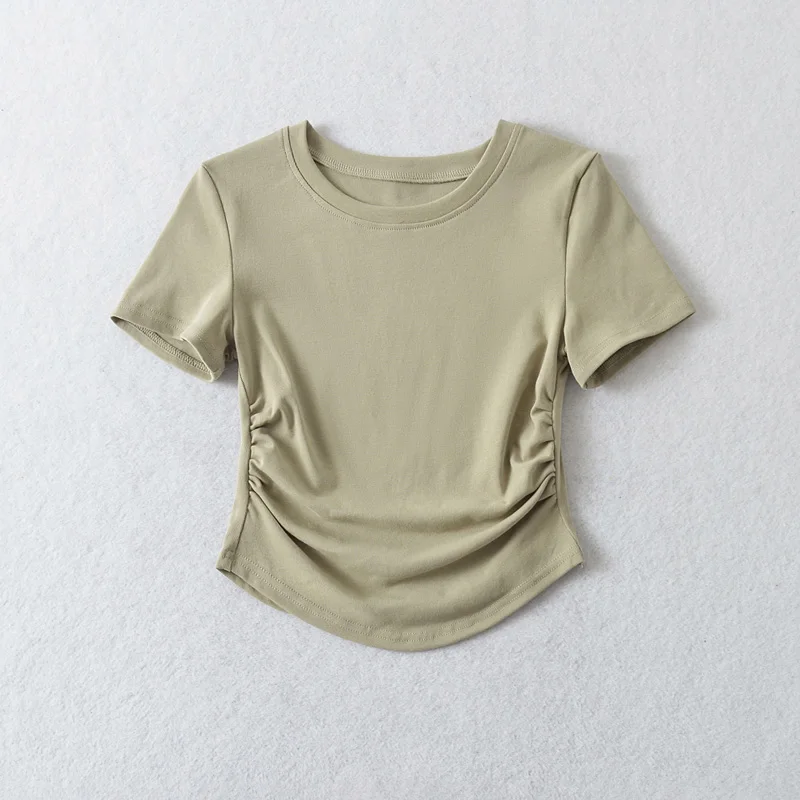 Women’s Round Neck Short Sleeve Cotton Solid Basic T-shirt Top With Ruched Sides Detail