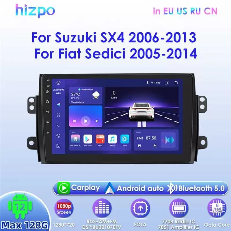 Android 2 DIN autoradio voor Suzuki SX4 2006-2013 en Fiat Sedici 2005-2014 met draadloze Apple CarPlay, Android Auto, navigatie, GPS, 9-inch touchscreen autoradio met Bluetooth, FM/RDS, USB/DAB /HiFi