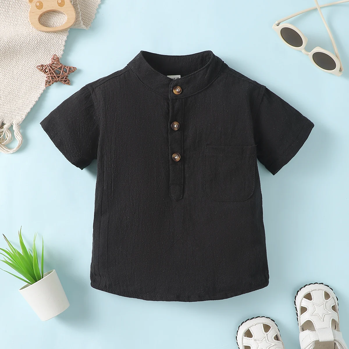 Baby Boy Small Stand Collar T-Shirt All-Match Short-Sleeved Pocket Anti-Dirty Pure Black Top