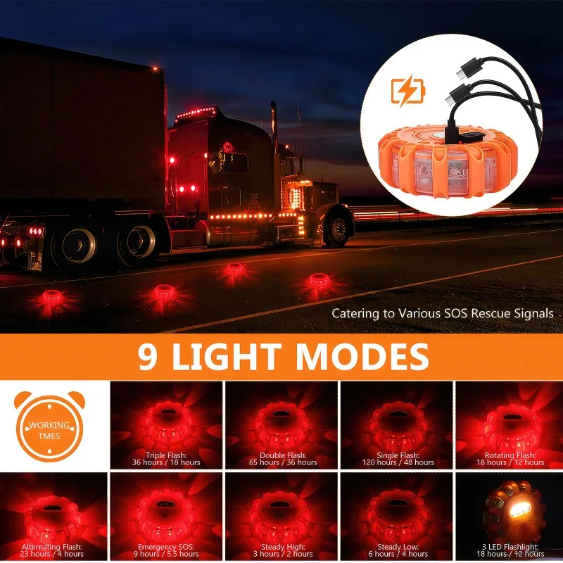 3 Pack USB Rechargeable Emergency Lights LED Road Flares Roadside Safety Beacon Disc Flashing Magnetic