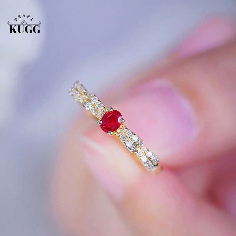 

KUGG 18K Yellow Gold Rings Shiny Natural Ruby Real Diamond Engagement Ring for Women Romantic Bowknot Design Gemstone Jewelry
