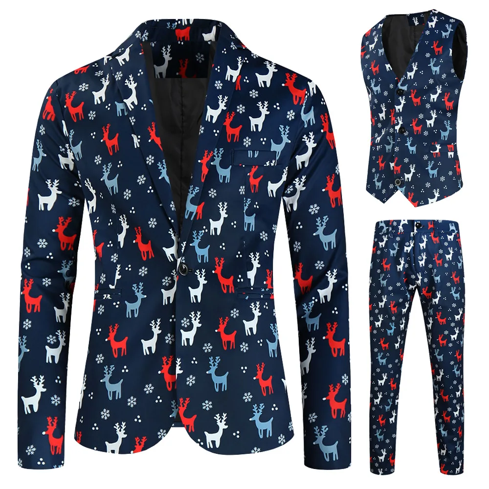 thumbnail image 1 of Trajes de Navidad para hombres, uniforme de 3 piezas, trajes diarios, copo de nieve, muñeco de nieve, árbol, chaqueta con estampado, chaqueta, pantalones, chalecos, conjunto masculino para Navidad, 1 of 5