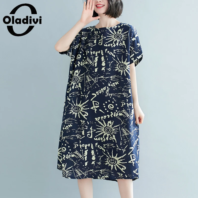 

Oladivi Oversized Women Clothing Casual Loose Cotton Linen Dress Summer Fashion Print Midi Dresses 2022 New Vestidios Robe Femme