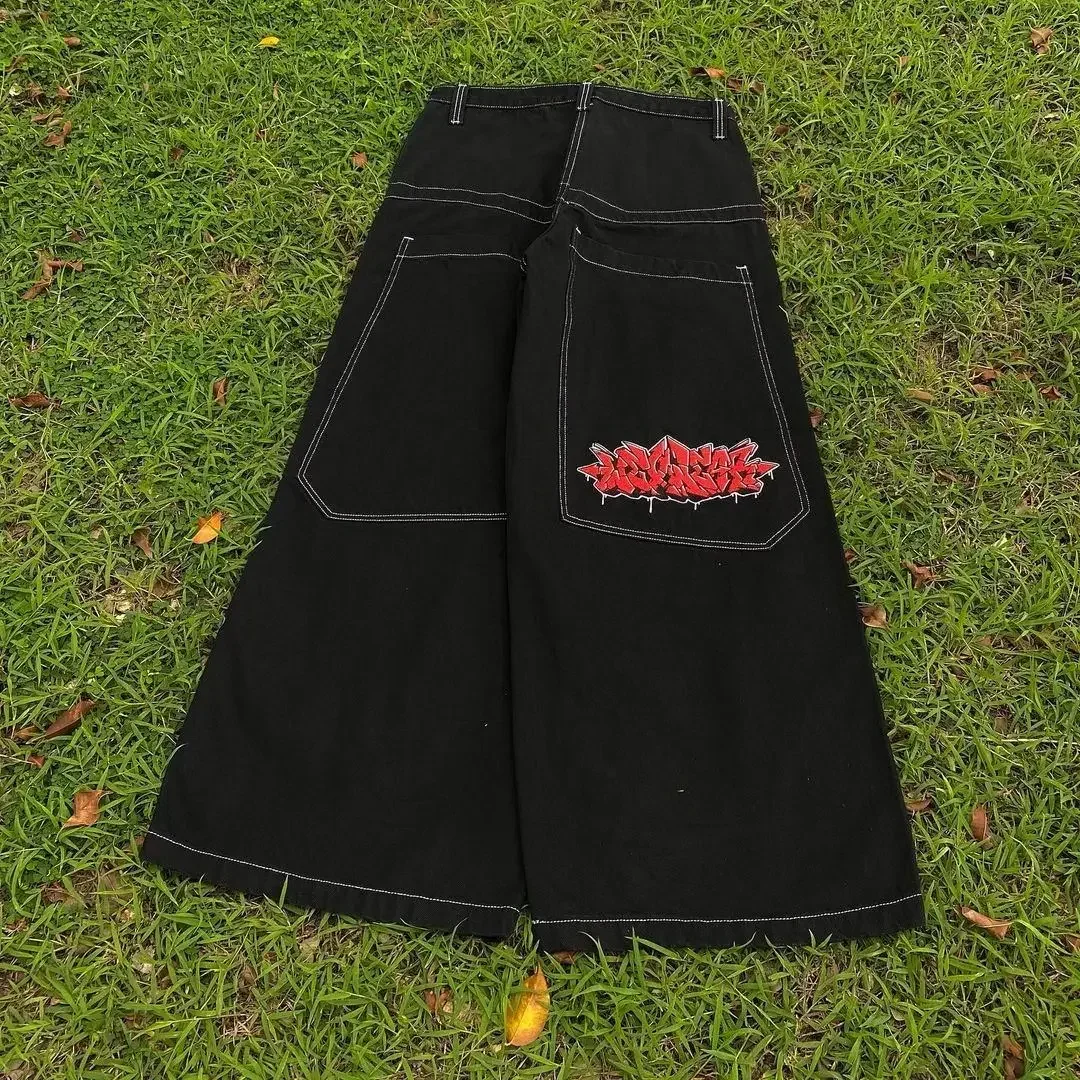 Y2k Fashion Street Personalized Loose  Hip Hop Alphabet Embroidered Outdoor Sports Jeans Harajuku Punk New Wide Leg Black Jeans 5
