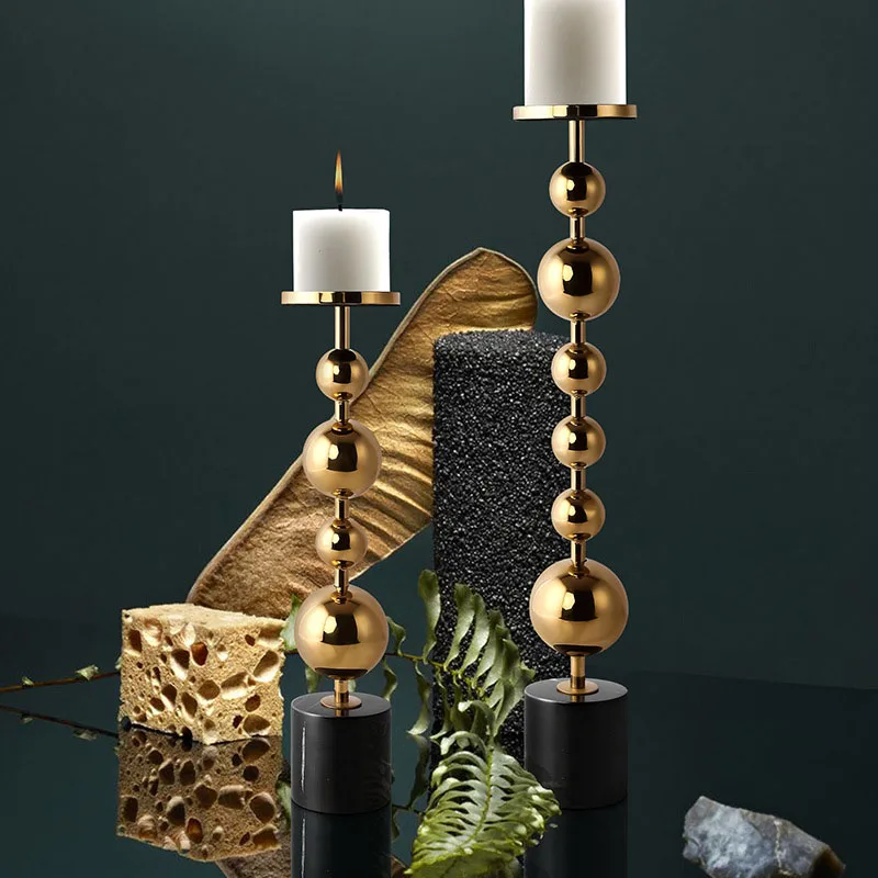 

Black Nero Marquina Natural Marble Candle Holder Luxury Golden Metal Large Candlestick Wedding Decoration