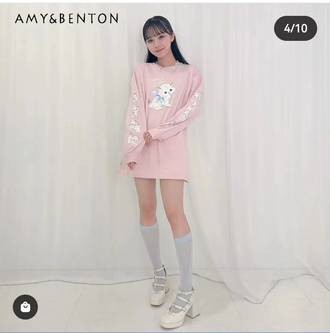 

Japanese Sweet Cute Girl Cartoon Printed T-shirts Women Autumn Crew Neck Loose Slim Casual Shirts Mid-Length Cotton Clothes