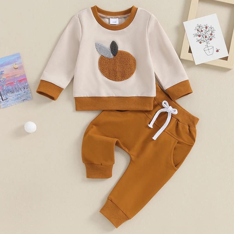 

BeQeuewll Baby Pants Set For Fall Long Sleeve Orange Sweatshirt with Elastic Waist Sweatpants 2-piece Outfit for Girls Boys