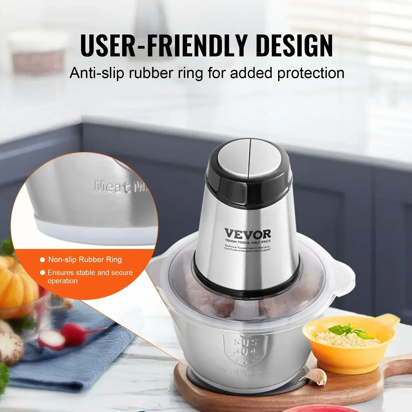 VEVOR Food Processor Electric Meat Grinder with 4-Wing Stainless Steel Blades Stainless Steel Bowl for Baby Food 5