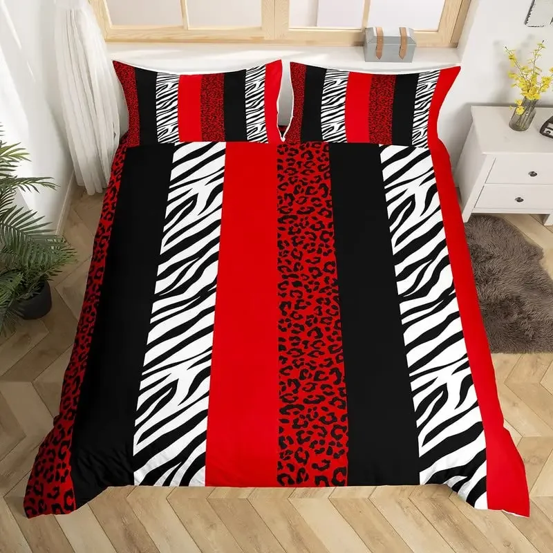 Zebra Stripes Duvet Cover Set Red Glitter Lips Comforter Cover for Girls Women Black White Leopard Zebra Print Queen Bedding Set