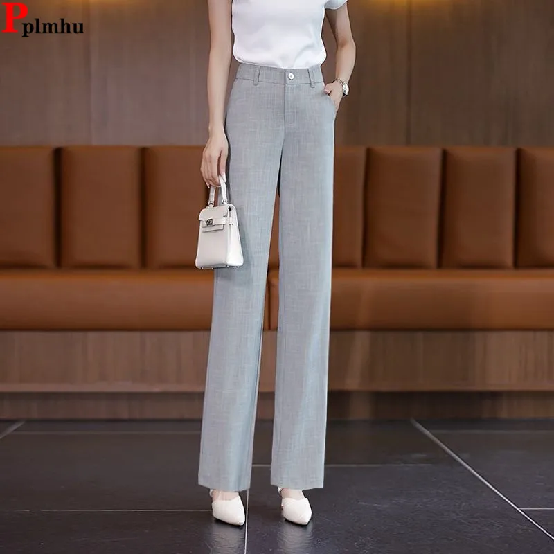 

Ice Silk High Waist Straight Suit Pants Thin Office Broek Classic Wide Leg Pantalones New Women Korea Casual Summer Spodnie