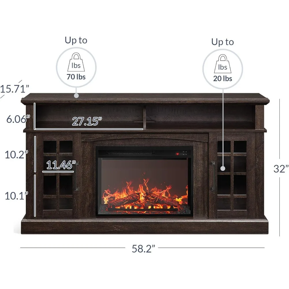 Traditional 58" Rustic TV Stand with 23" Electric Fireplace Heater with Sound, Media Entertainment Center Console Table for TV 3