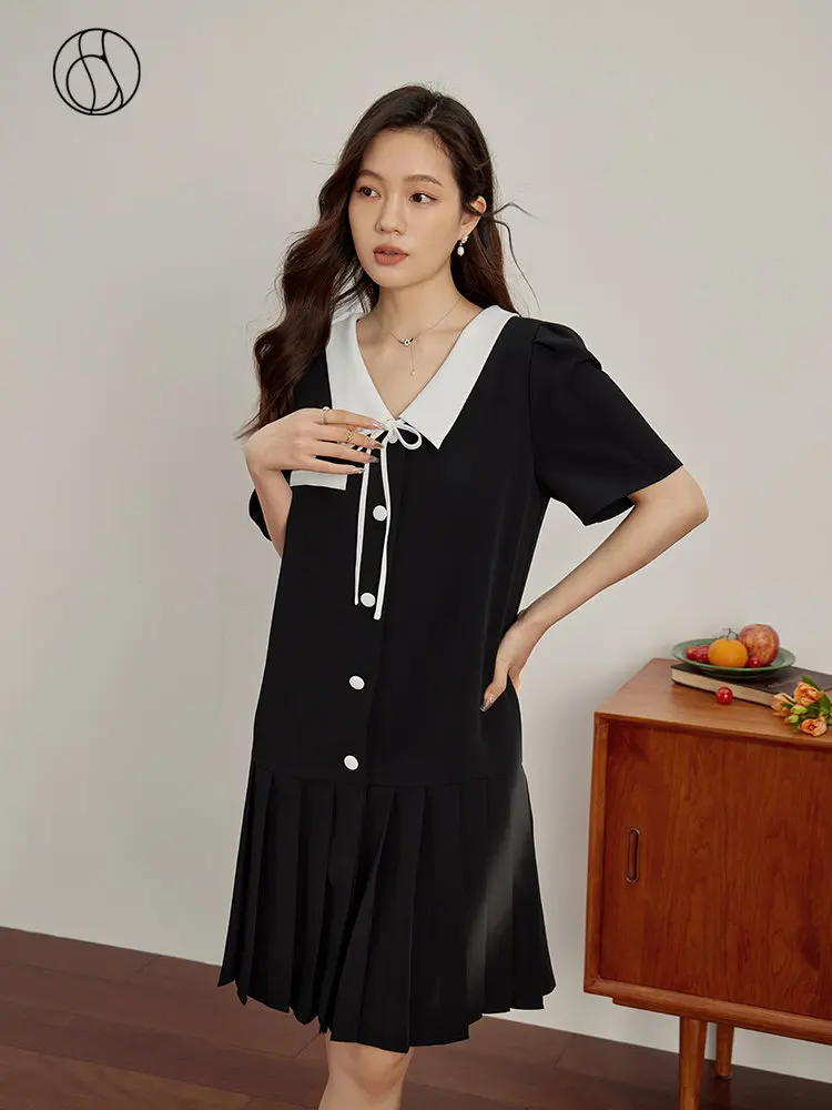 

DUSHU Temperament Age-reducing Contrast Color Lapel Dress for Women Summer Chic Loose Waist Slimming Pleated Dress Female