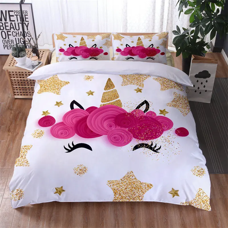 Colorful Luminous Unicorn Print Bedding Set 3D Cartoon Animal Pattern Duvet Cover Bedroom Decor With Pillowcases For Girls Gift 