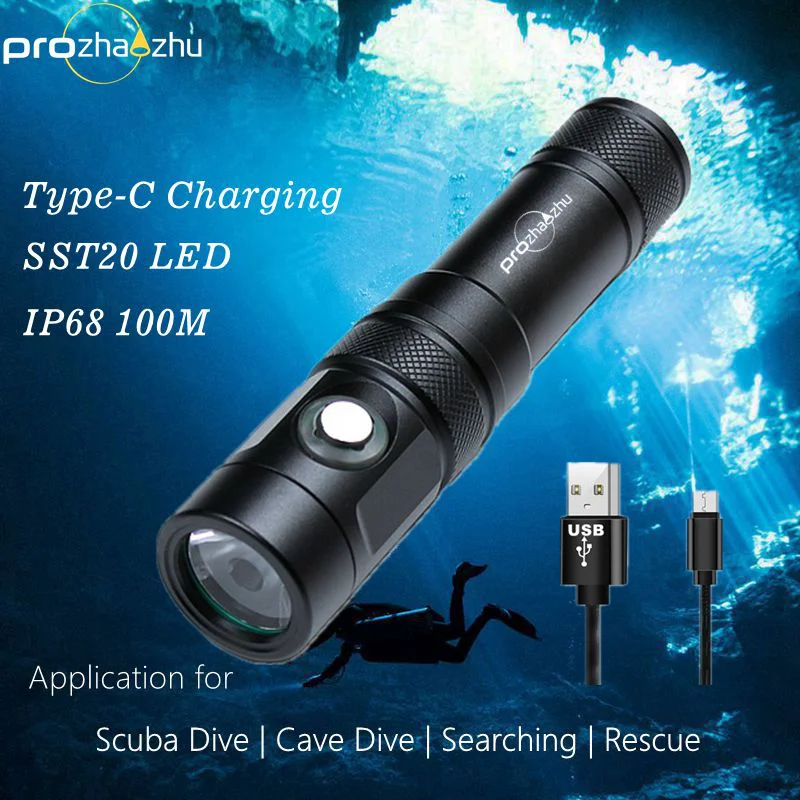

Professional Diving Flashlight SST20 LED USB Charging IP68 Waterproof Scuba Diving Light
