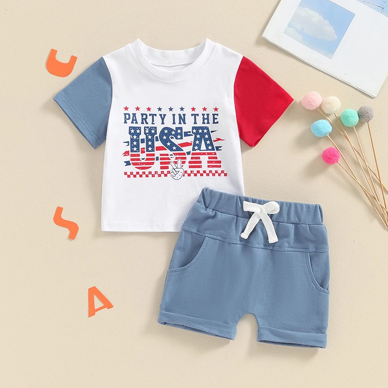 

Toddler Baby Boy 4th Of July Outfit Contrast Color Short Sleeve Letter Print T-shirt Top Shorts 2Pcs Set