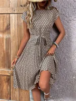 Msfilia Summer Print Pleated A Line Long Dress Women Short Sleeve High Waist Spring Round Neck Chic Dress with Belt - Image 2