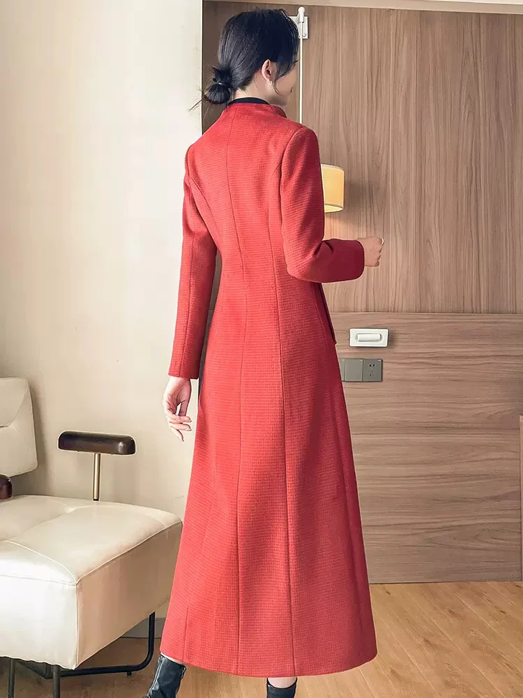 New Women Autumn Winter Red Woolen Coat Simplicity Fashion V-Neck Single Breasted Slim Wool Blended Overcoat Elegant Long Coat