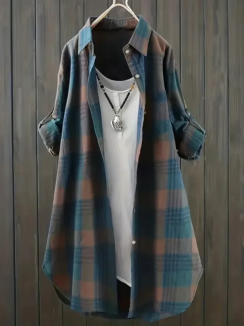 Women’s Spring/summer Plus Size 1XL-5XL Fashion Lapel Plaid Print Ladies Casual Long Sleeved Button Commuting Fashion Shirt Best Sellers In Plus Sized Clothing