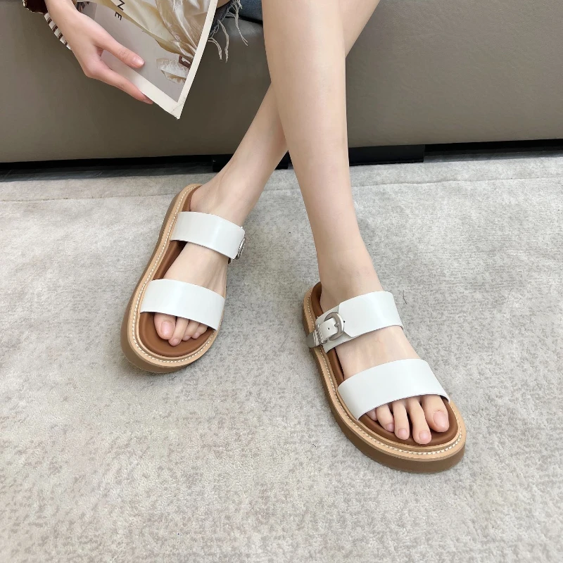 

Metal Button Decorated Sandals Genuine Leather Thick Sole Women's Summer Jacket Soft Sole Anti-Slip Beach Vacation Roman Sandals