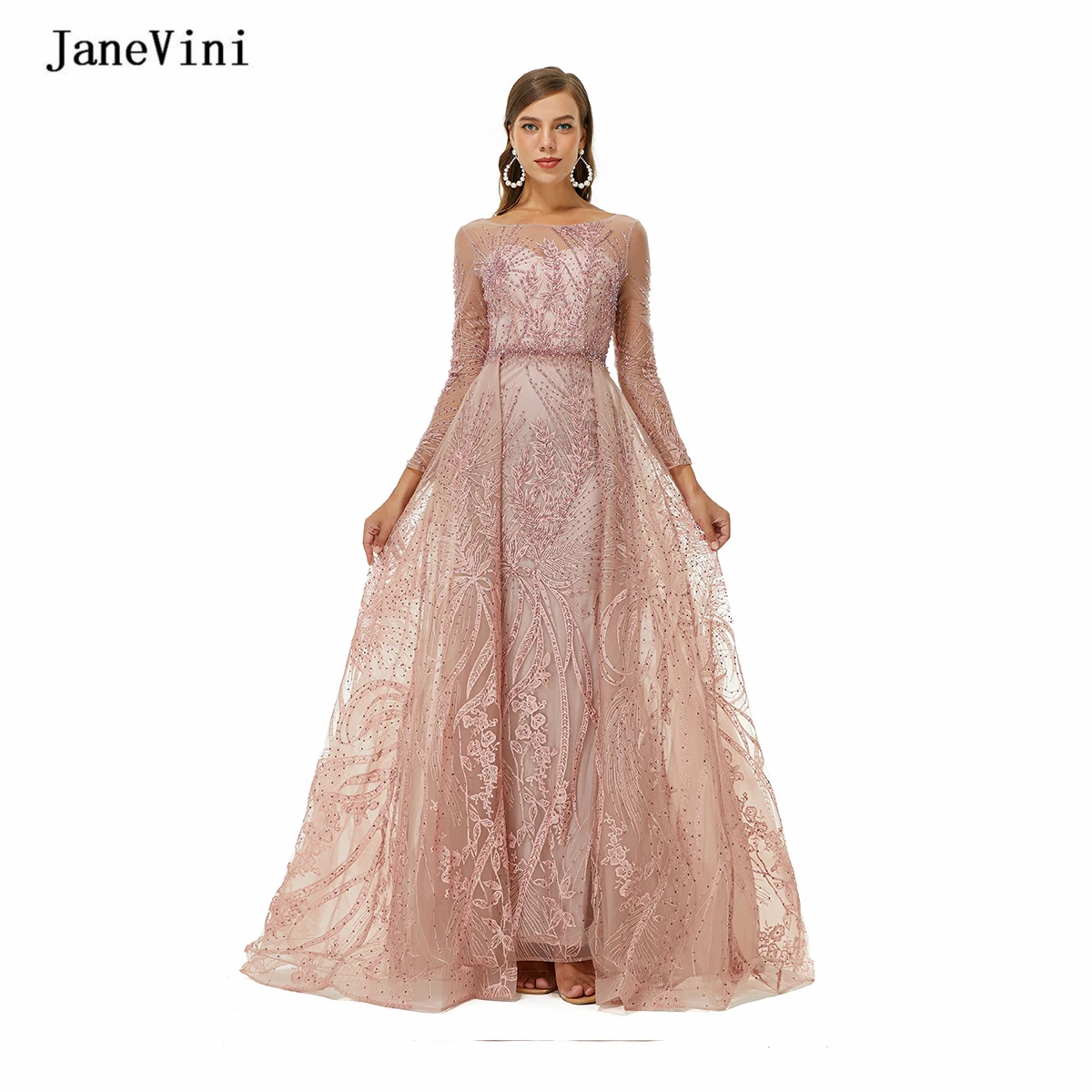 

JaneVini Luxury Beading Dubai Mermaid Evening Dress Long Sleeves 2022 Elegant Arabic Women Formal Prom Dresses for Wedding Party