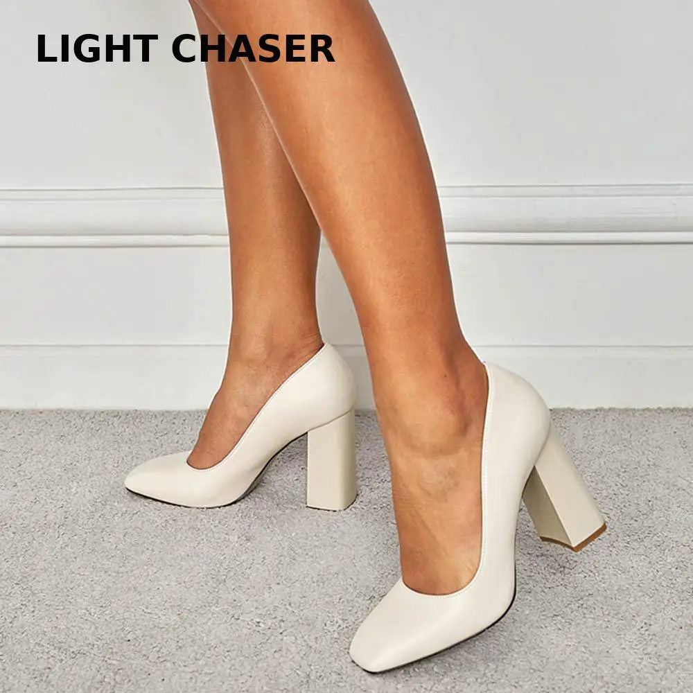 

Spring Summer Plus Size Women High Heels Dress Shoes Basic Pumps Boat Shoe Square Heel Ladies Shoes Comfortable Zapatos Mujer