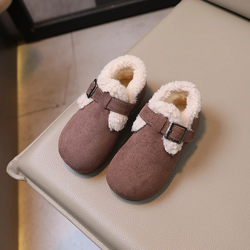 

Детская Хлопковая обувь в Корейском стиле, Осень-зима 2023, с меховой подкладкой для мальчиков и девочек, детская обувь в стиле ретро с низким верхом и мягкой подошвой с круглым носком