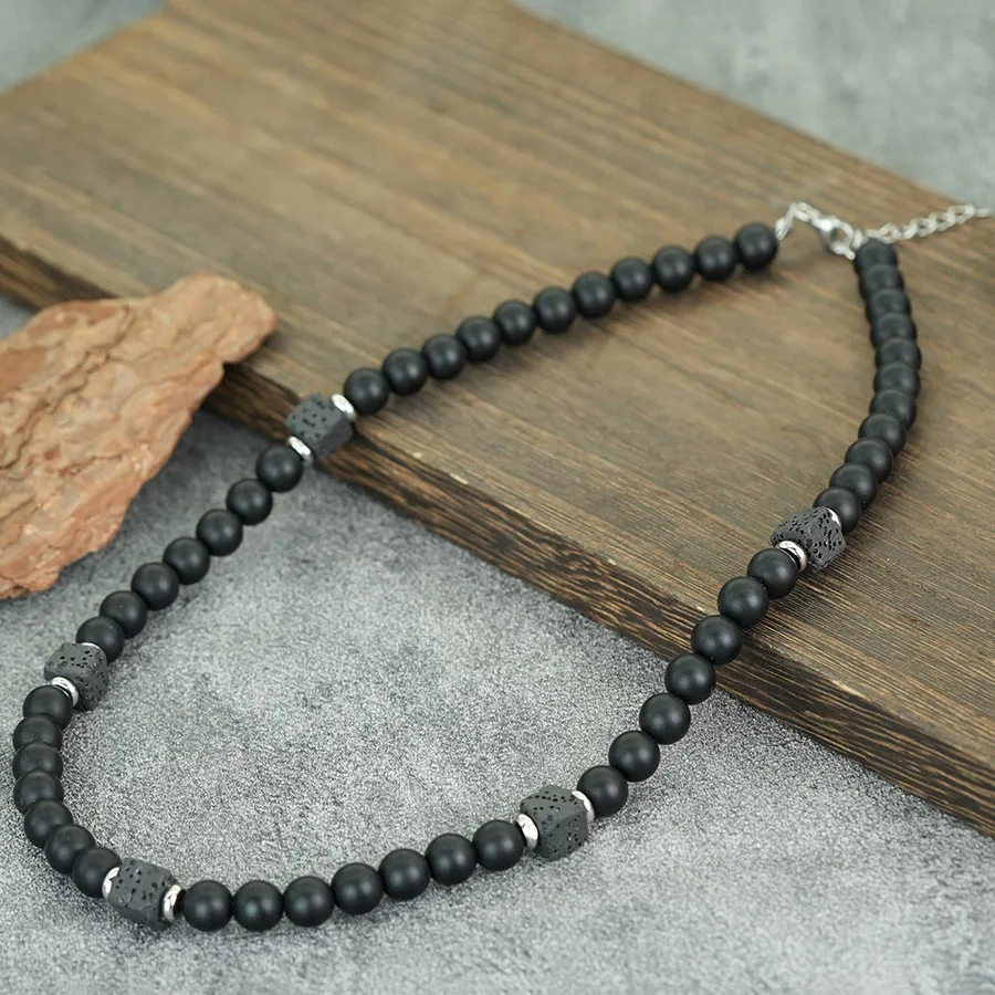 Men Black Lava Onyx Obsidian Stone Choker Necklace