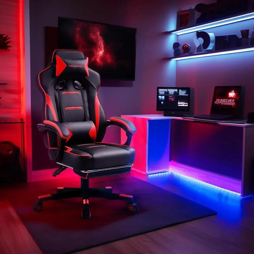 Gaming chair, desk chair, ergonomic gaming chair with footrest, PU leather, high back adjustable swivel lumbar support